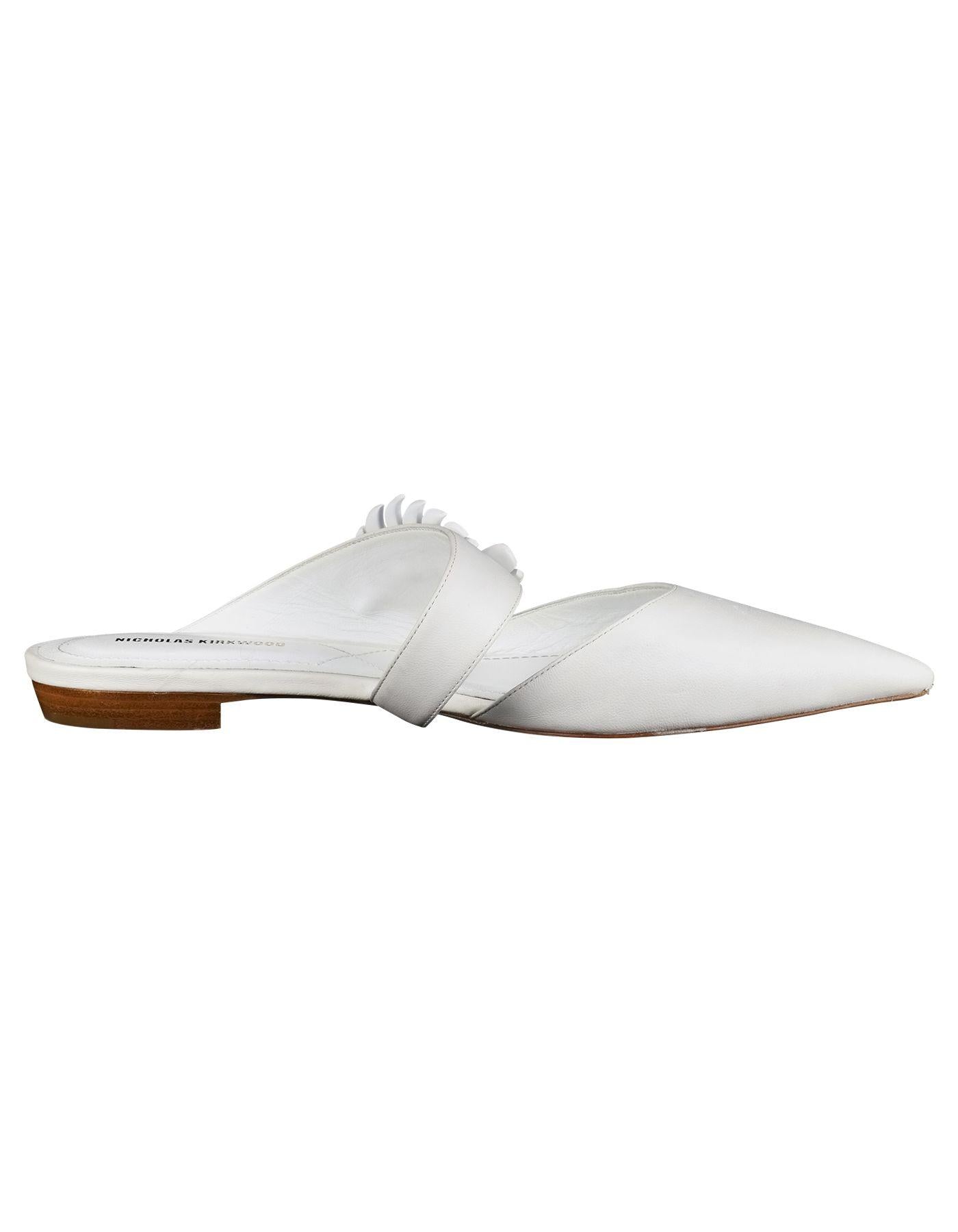 White leather & crystal Monstera flat mules