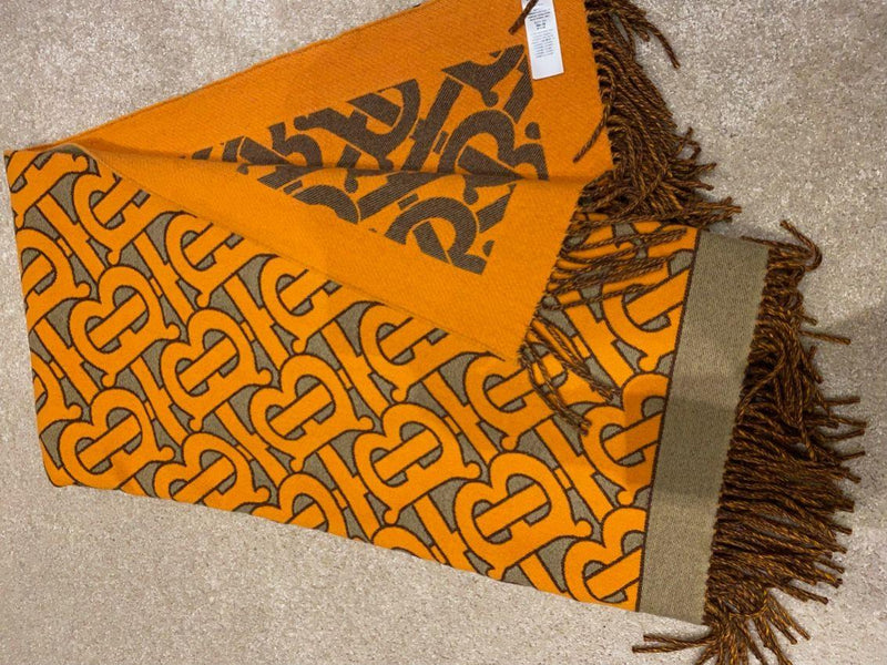 Burberry Orange & Archive Beige TB Monogram Cashmere Throw
