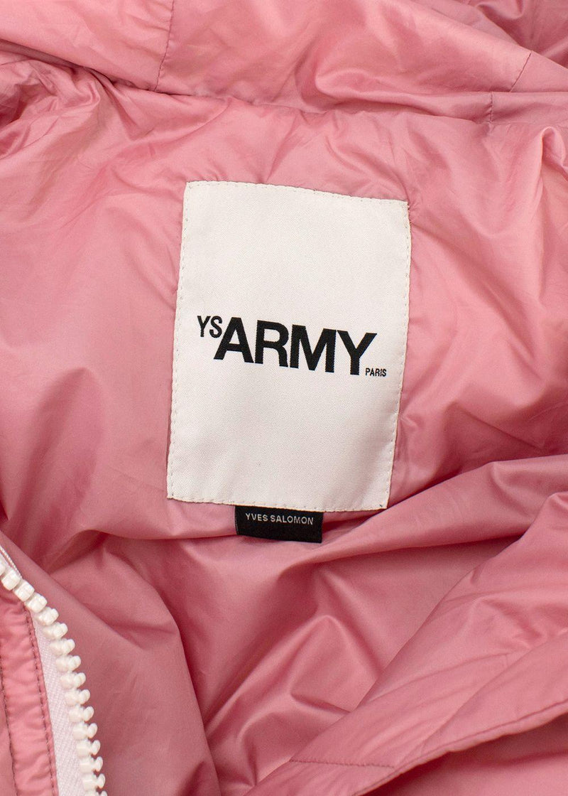 Yves Salomon Army Pink Puffer Jacket with White Fur Trim