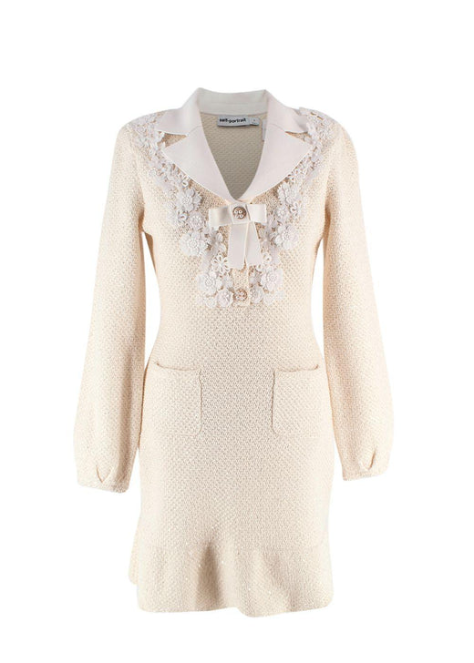 Self Portrait Cream Bow Embellished Knitted Mini Dress