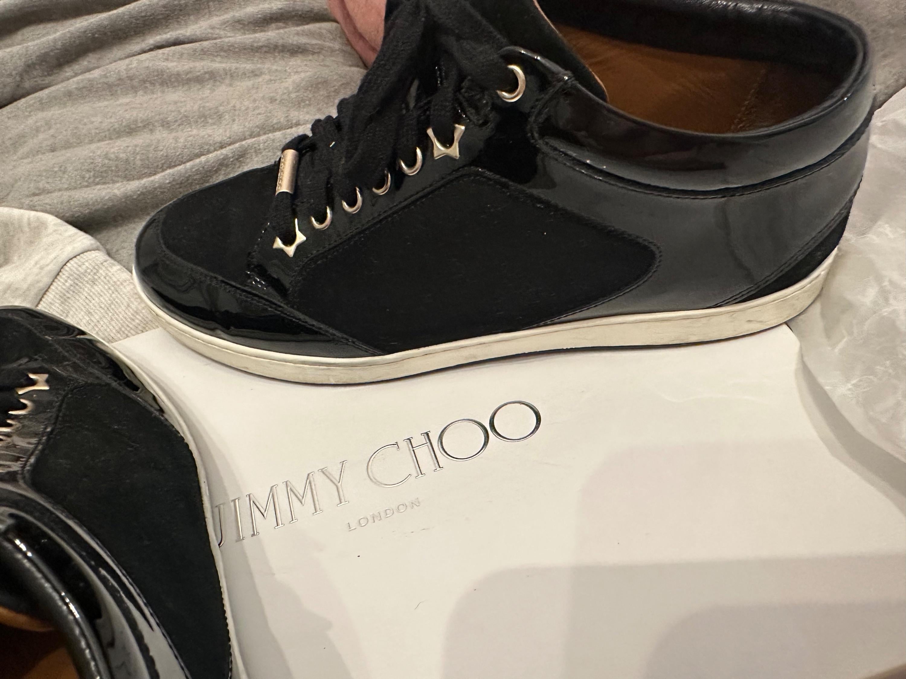 Jimmy Choo Black Suede and Patent Leather Miami Trainers