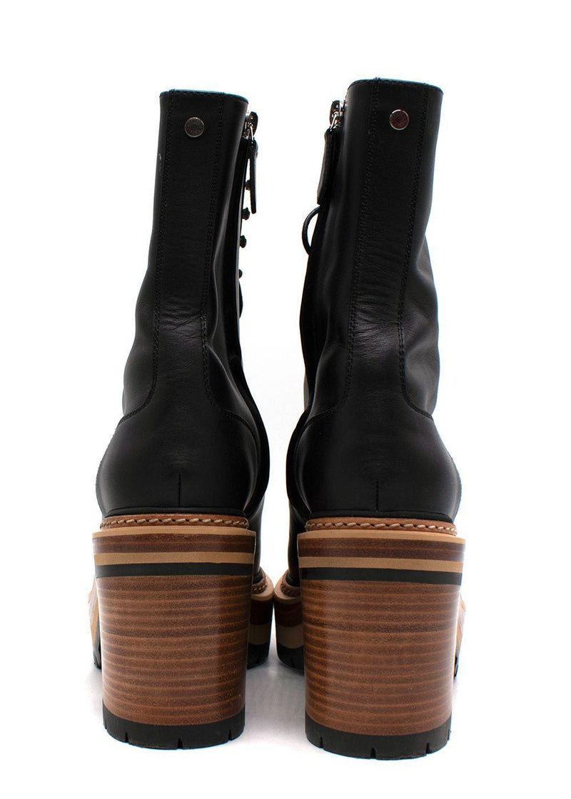Hermes Black Leather Lace Up Platform Boots