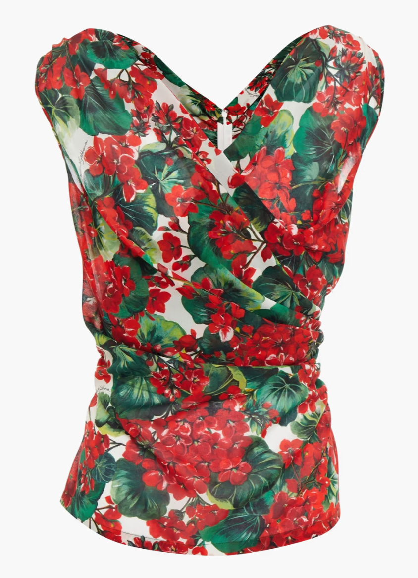 Red Geranium Printed Draped Chiffon Top