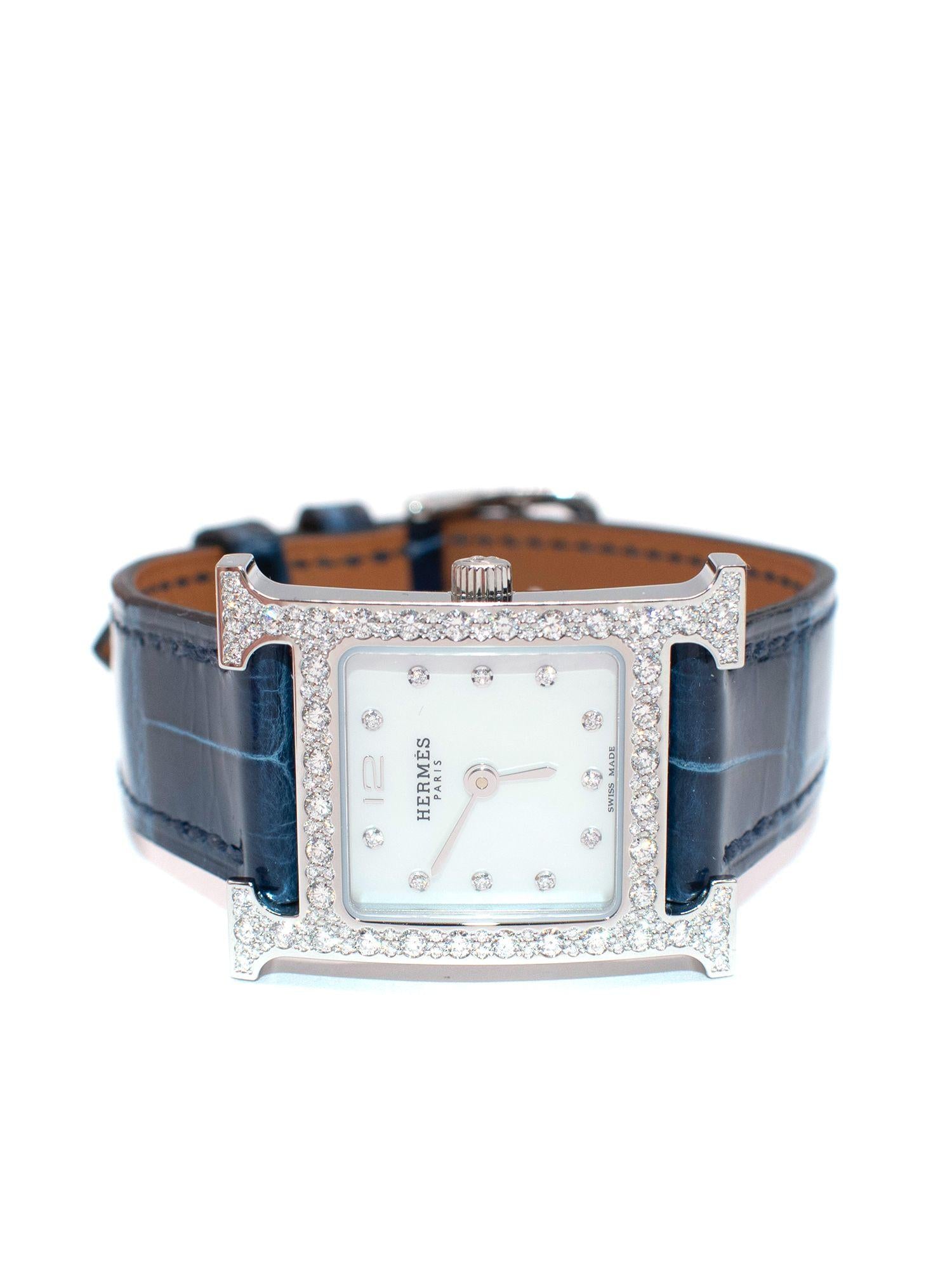 Hermes Navy Alligator Diamond Heure H 21mm Watch With Palladium Hardware