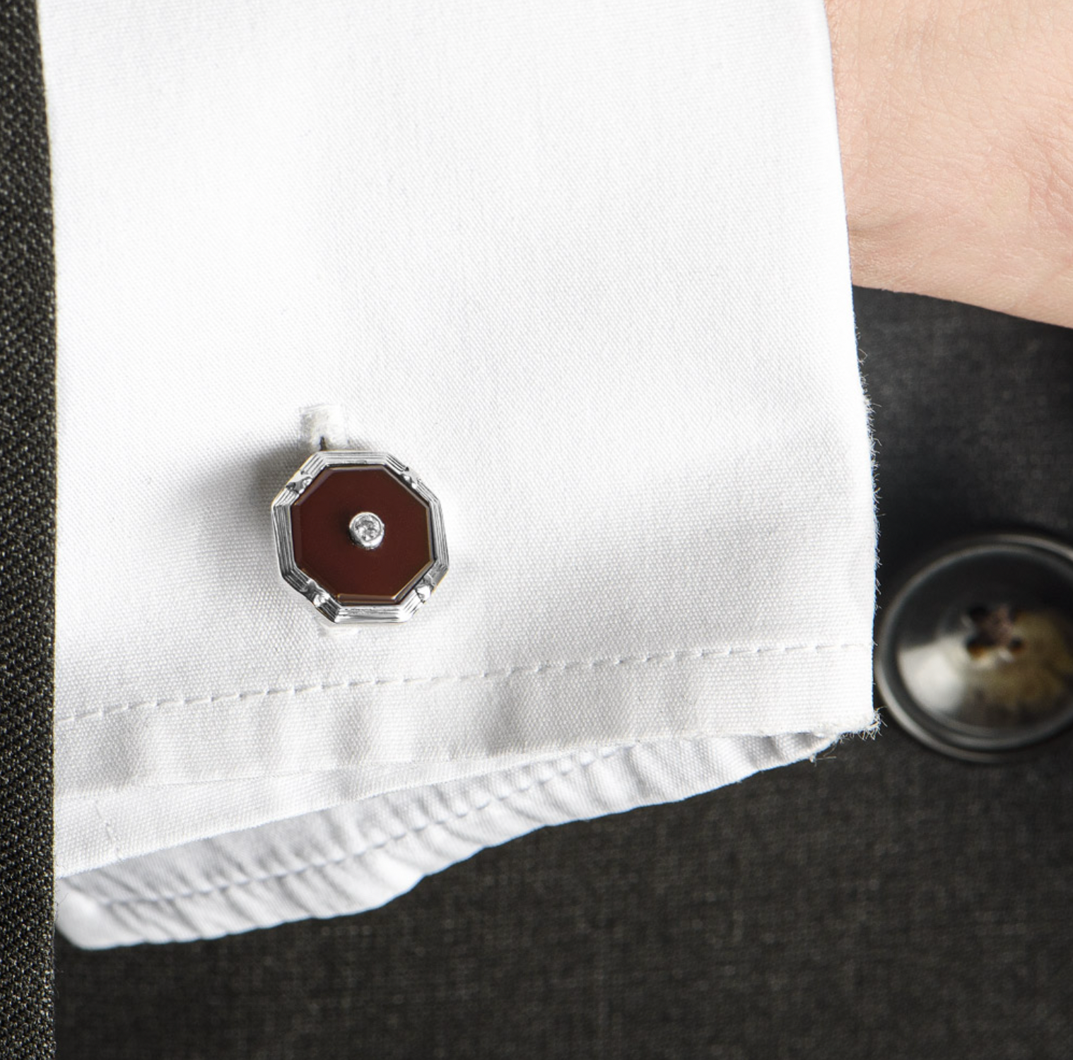 18ct white gold, diamond & red onyx cufflinks