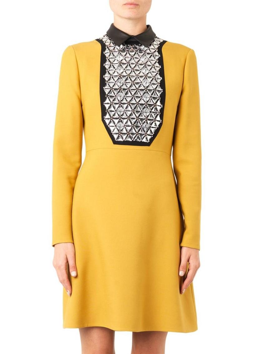 Gucci Yellow Embellished Crepe Dress with Leather Collar