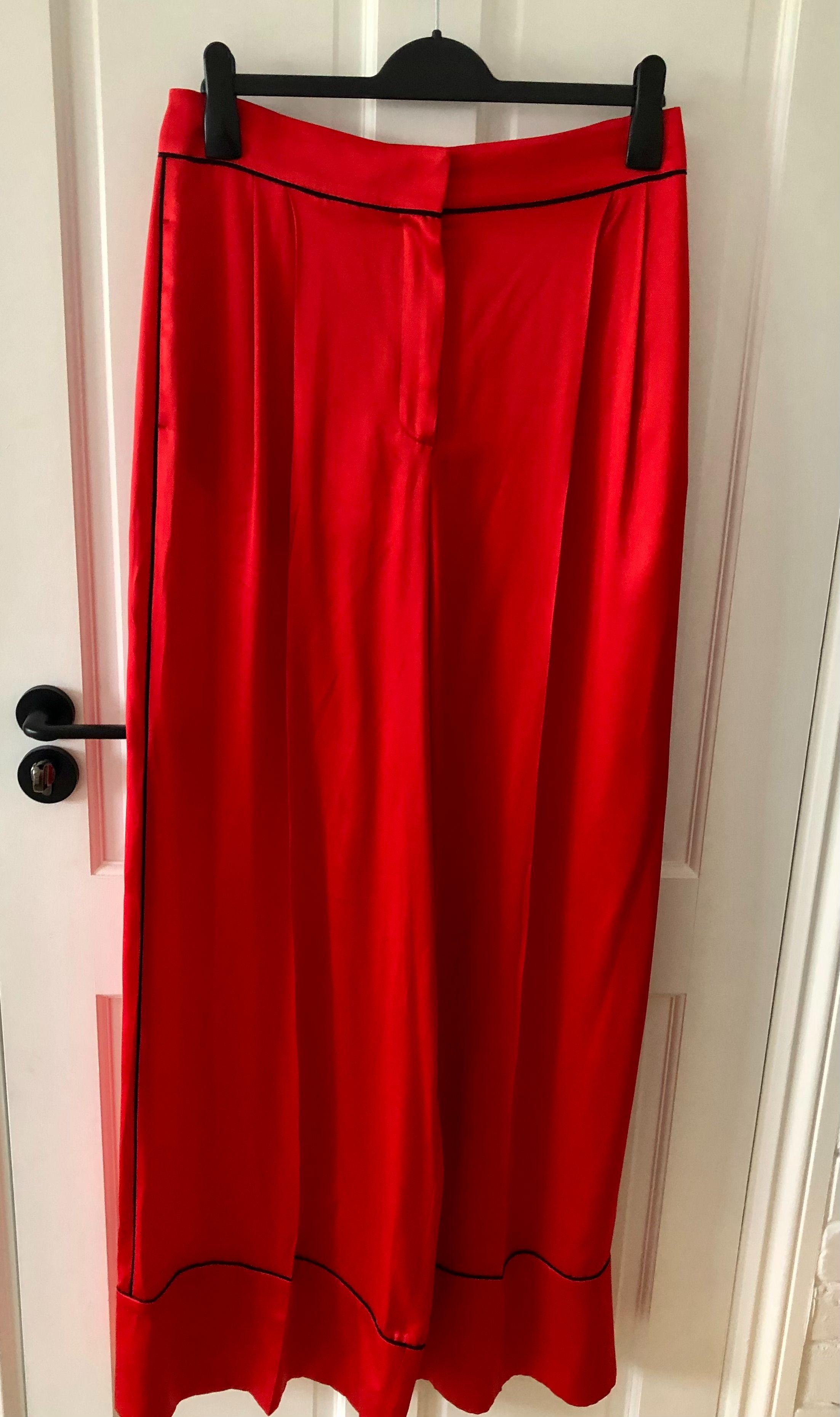 Red Silk Pants with Contrast Piping