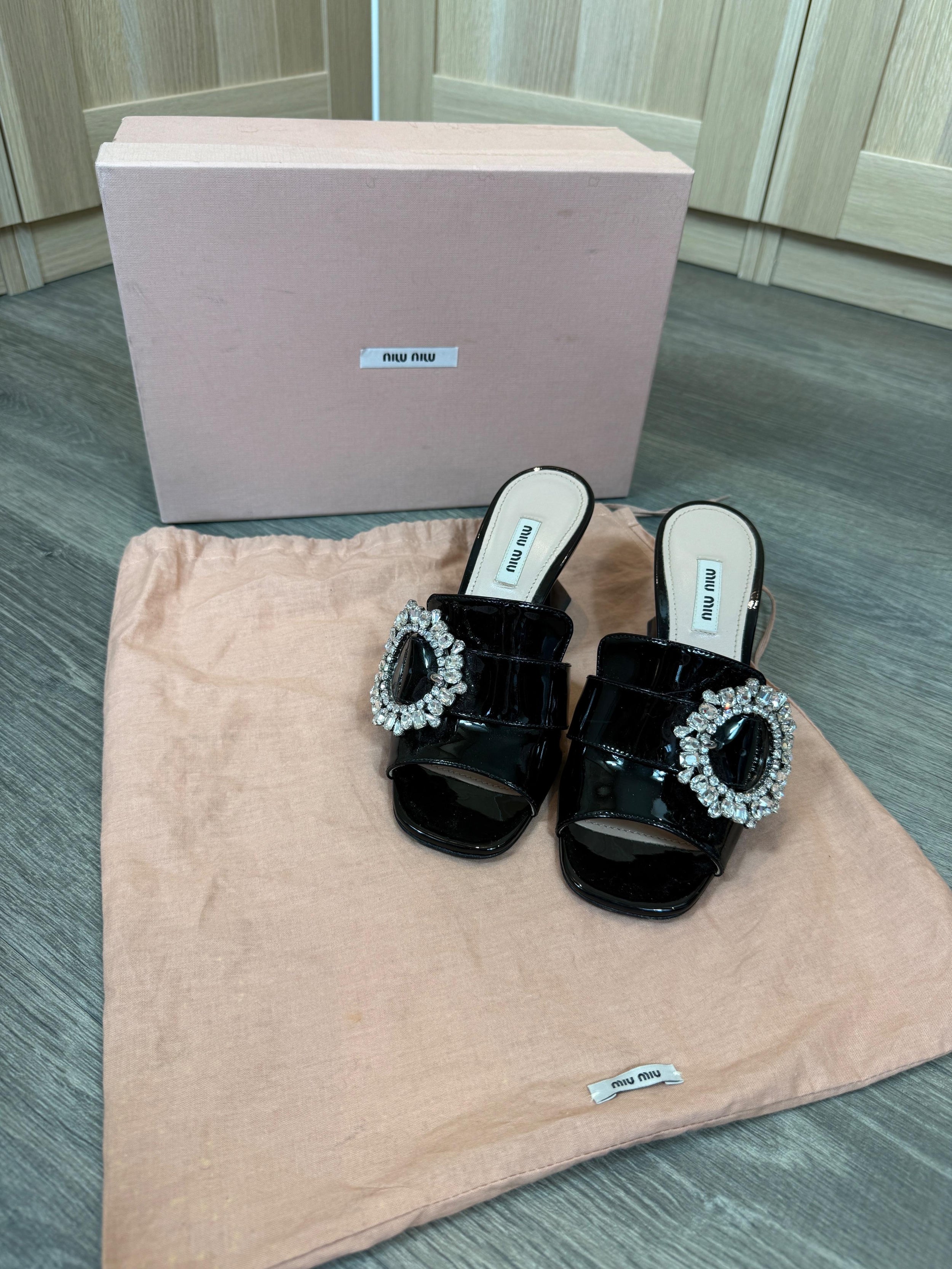 Miu Miu Crystal Embellished Black Mules