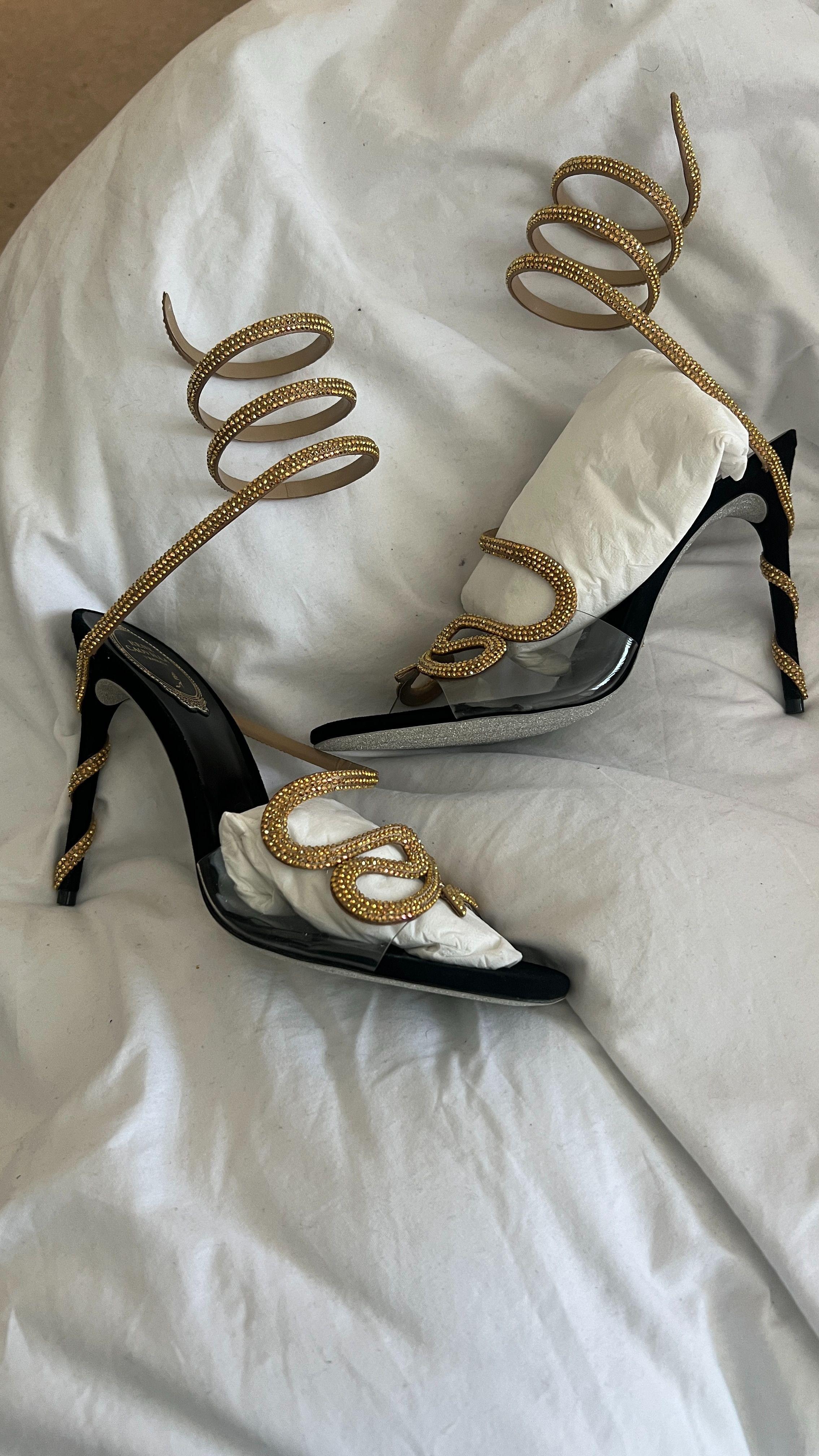 Crystal Embellished Satin Snake Sandals
