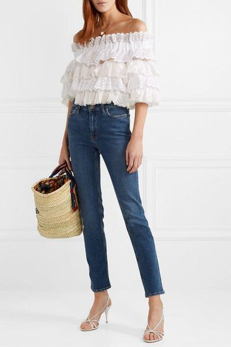 White cotton Broderie Anglaise ruffled crop top