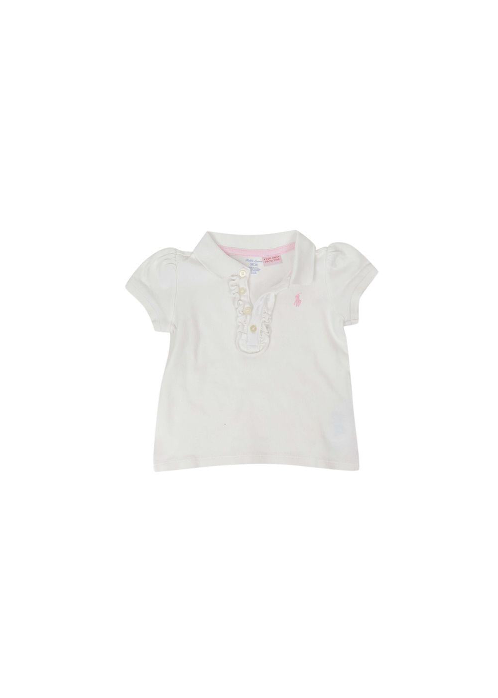 White cotton jersey ruffle trimmed polo shirt