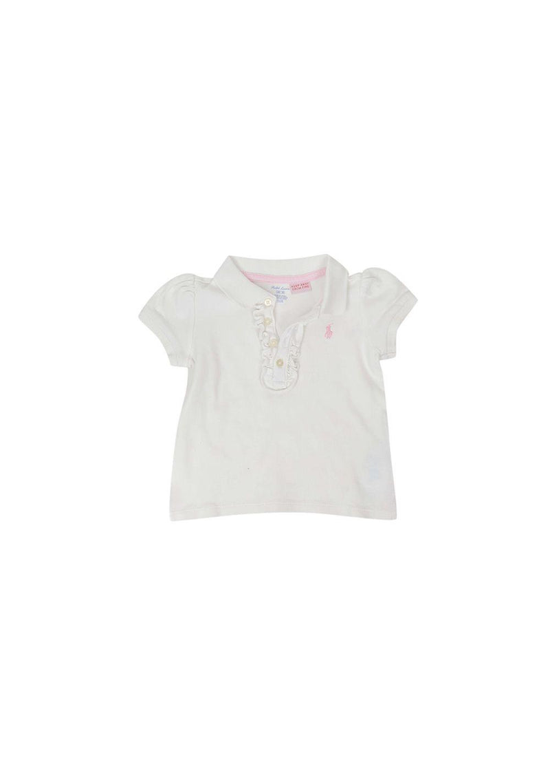 White cotton jersey ruffle trimmed polo shirt