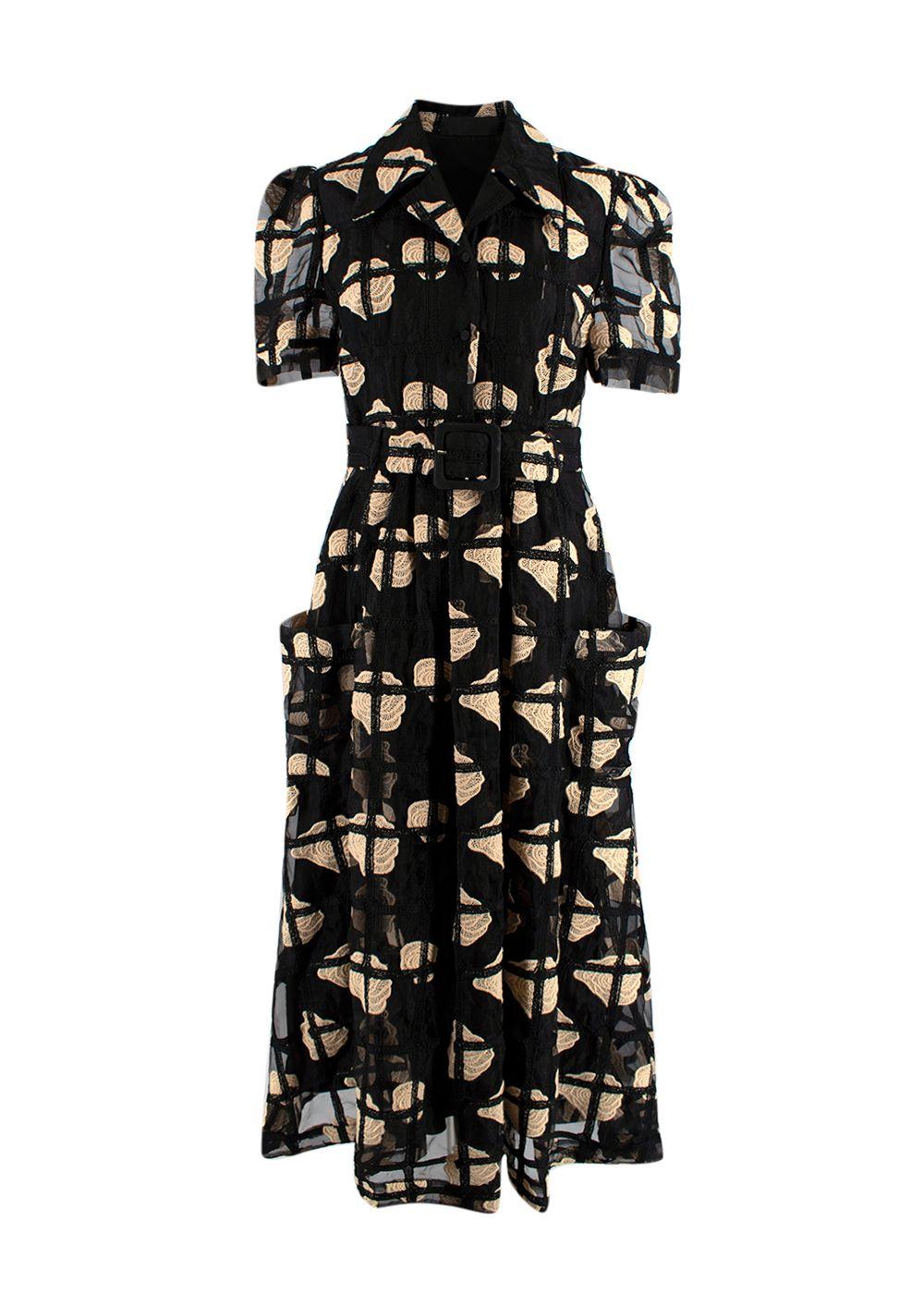 Black & Beige Mesh Macrame Belted Midi Dress