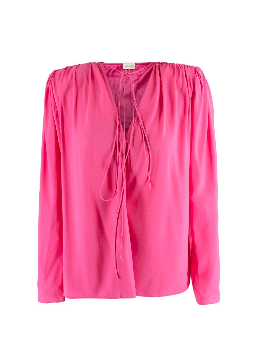 Shoulder Pad Pink Silk Tie Neck Blouse