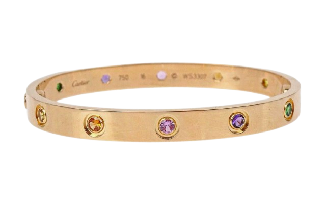 Cartier Rainbow Gem Yellow Gold Love Bracelet Size 16