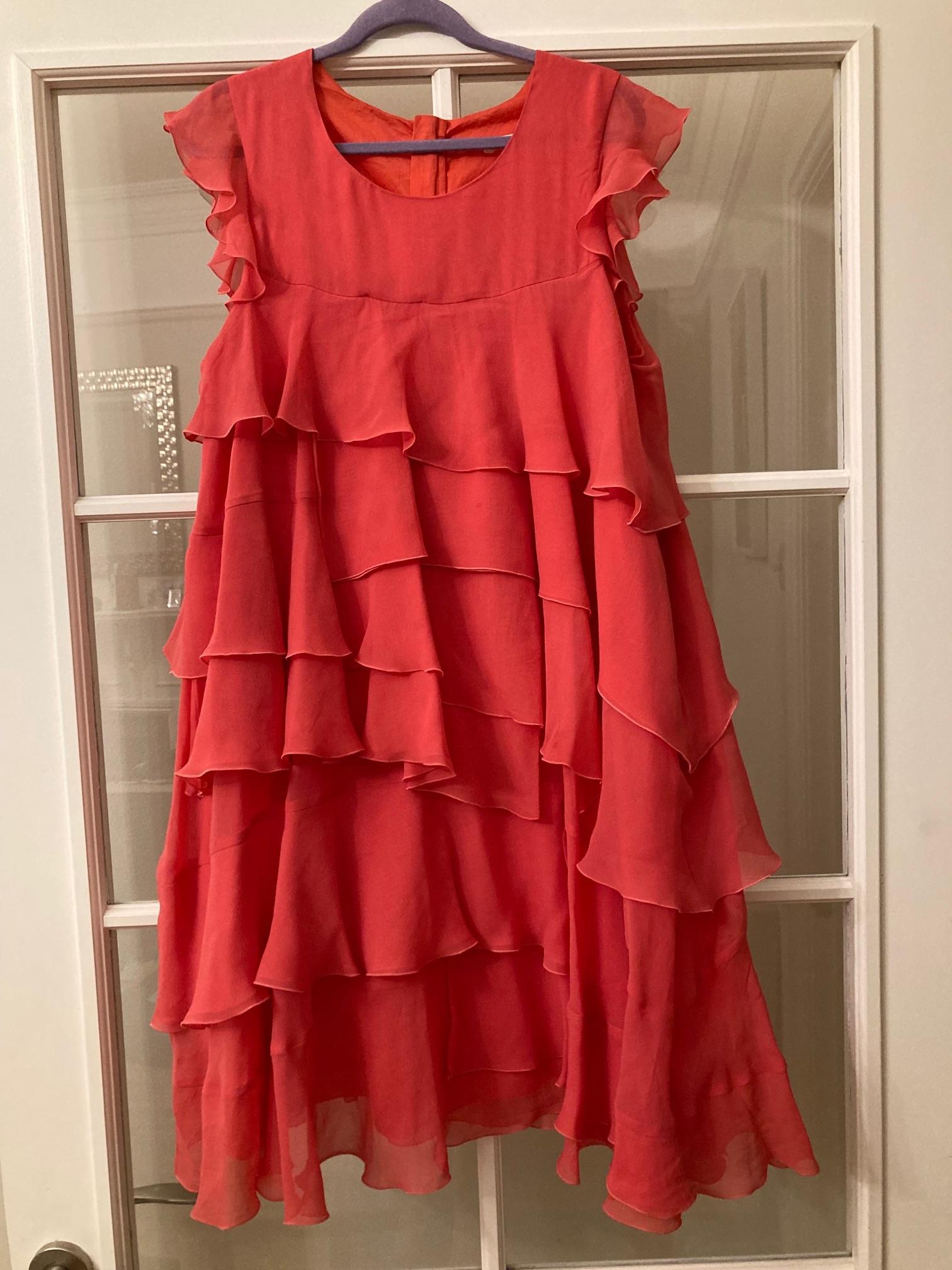 coral silk crepe ruffled dress