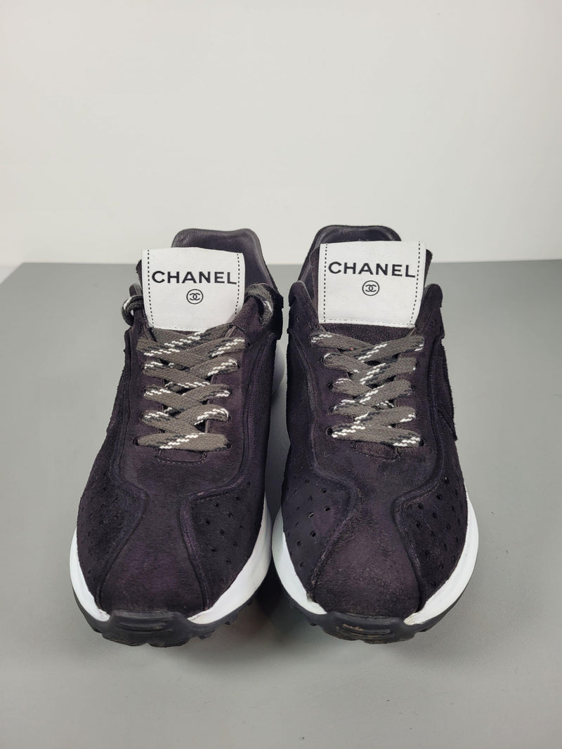Chanel Black Suede Low Top Logo Sneakers