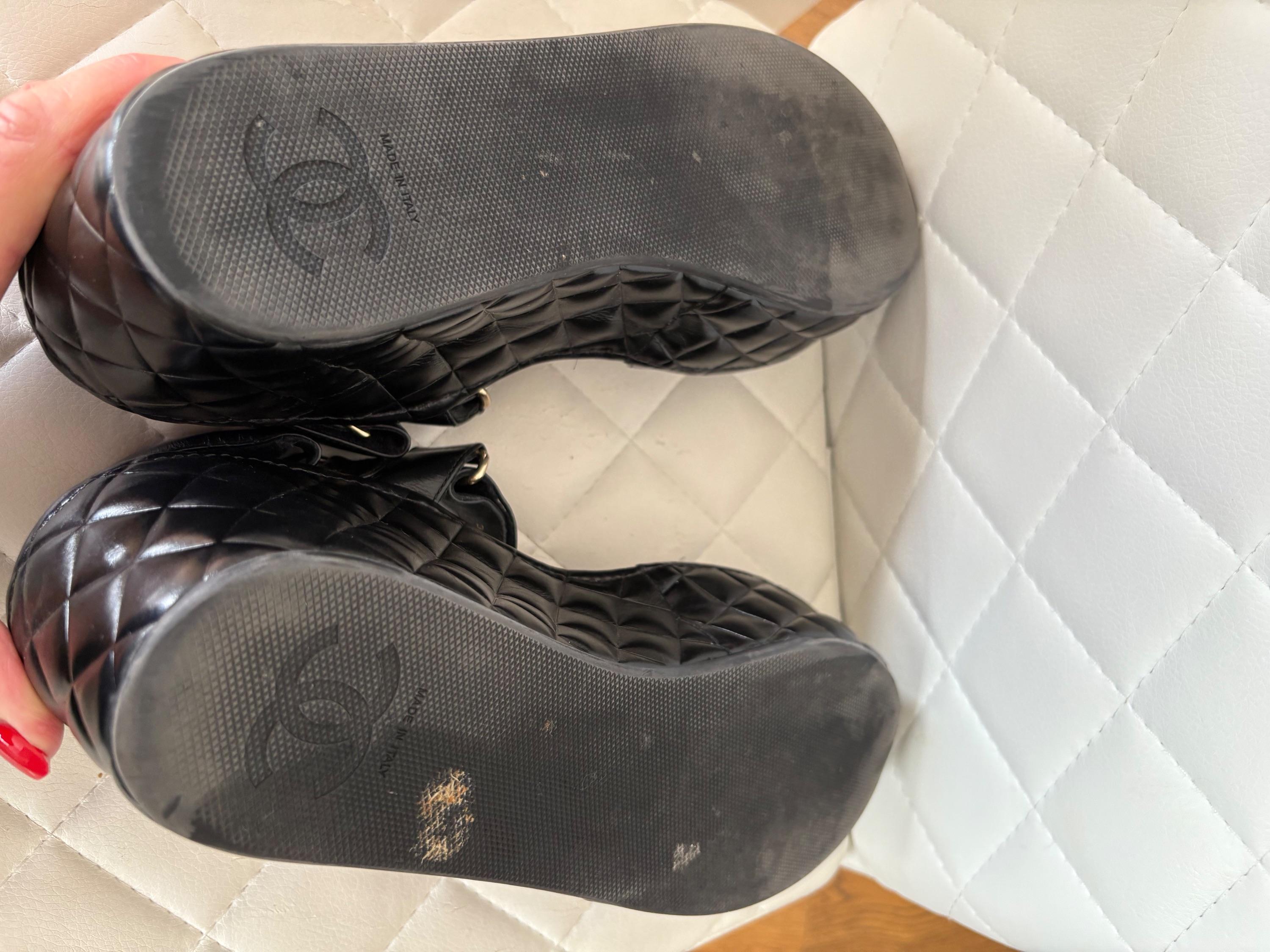 Chanel Black Leather Wedge Sandals