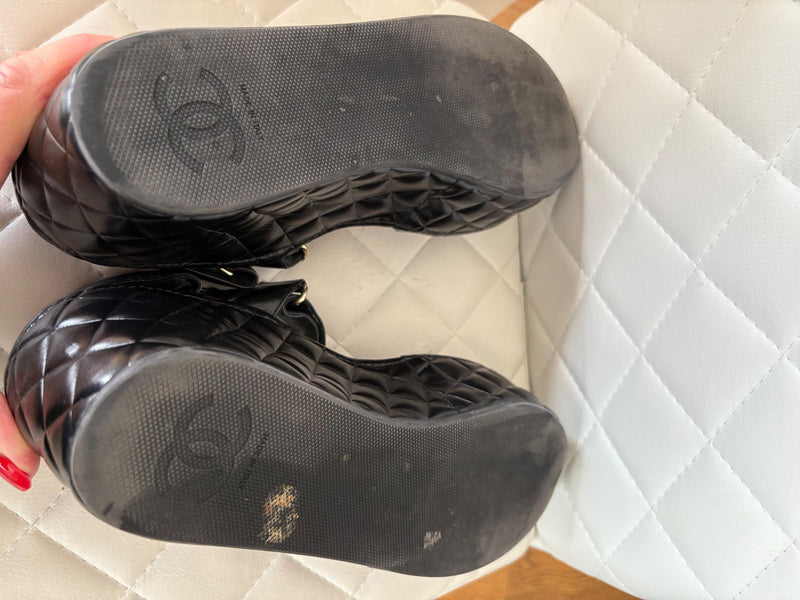 Chanel Black Leather Wedge Sandals