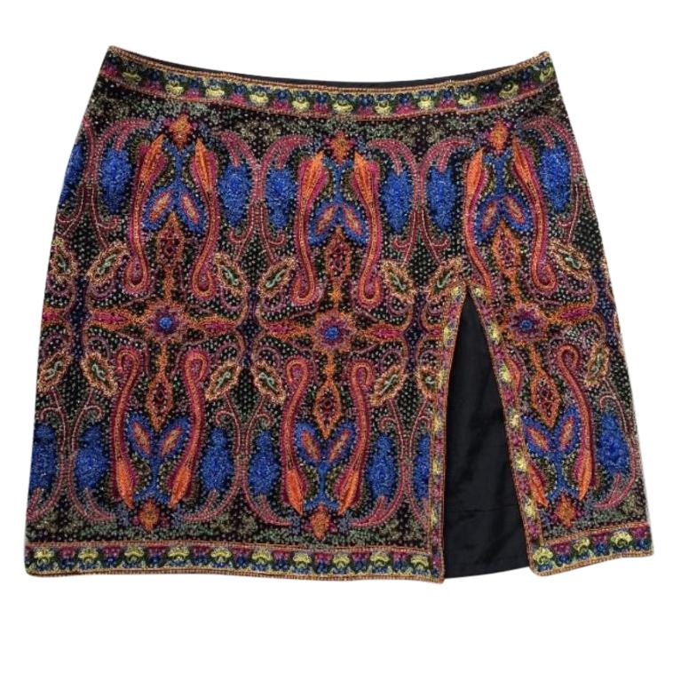 ESCADA Beaded Multi-Colored Paisley Print Mini Skirt