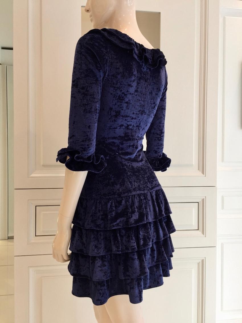French Couture Navy Blue Panne Velvet Dress