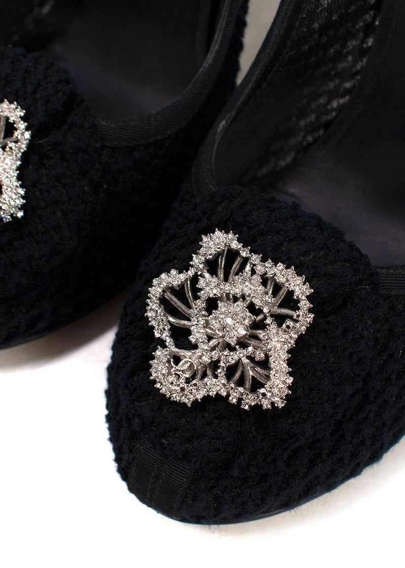 Chanel Black Crochet Floral Applique Heels