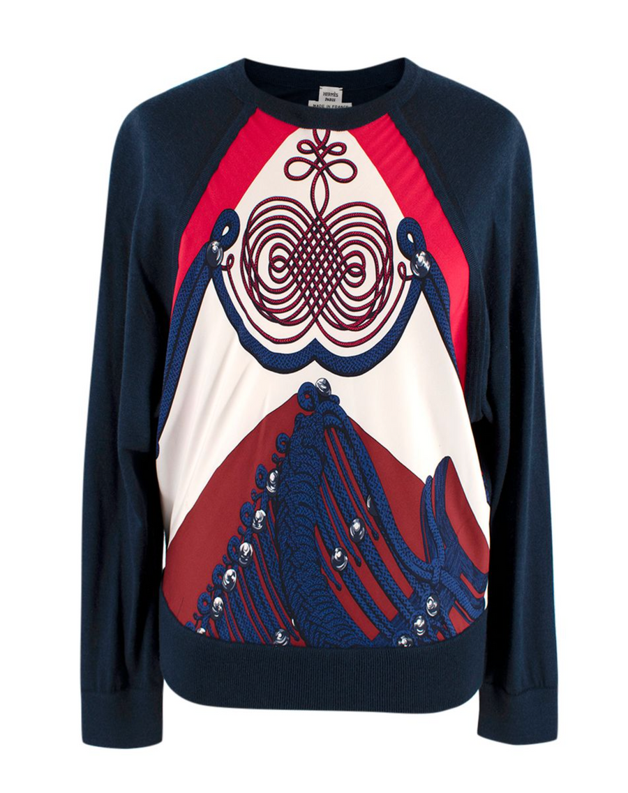 Hermes Navy Patterned Cashmere & Silk Jumper