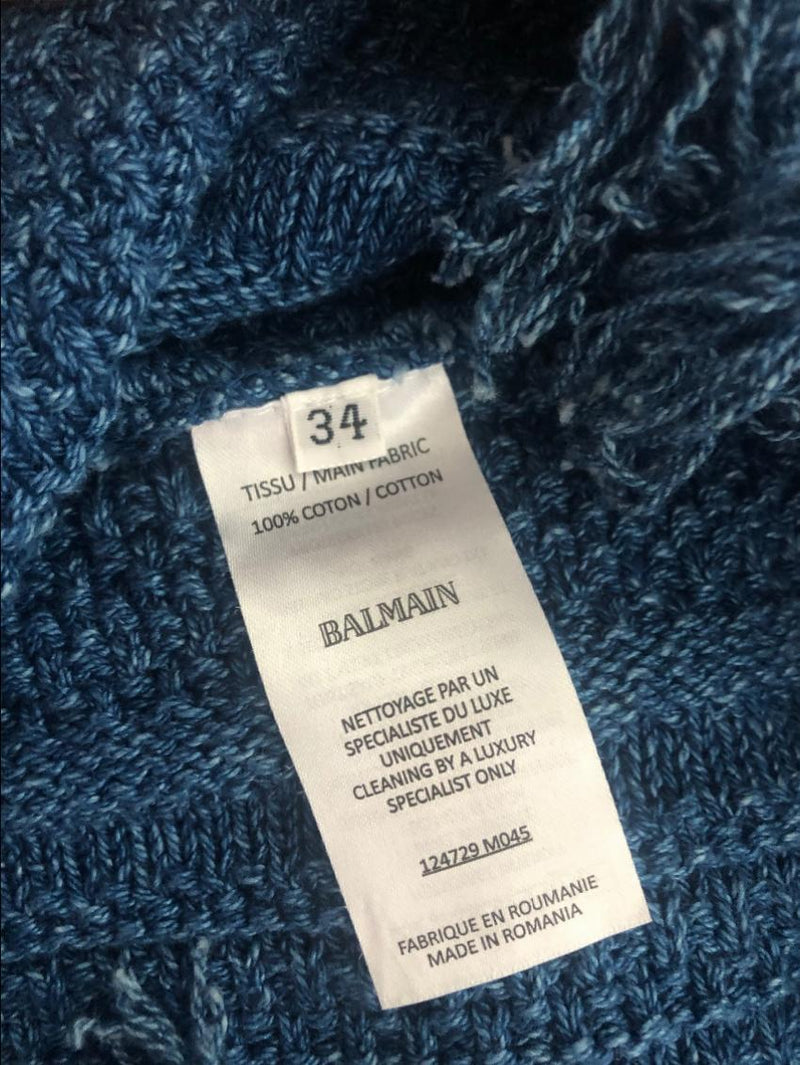 Balmain Frayed Button-embellished Tweed Mini Skirt In Blue