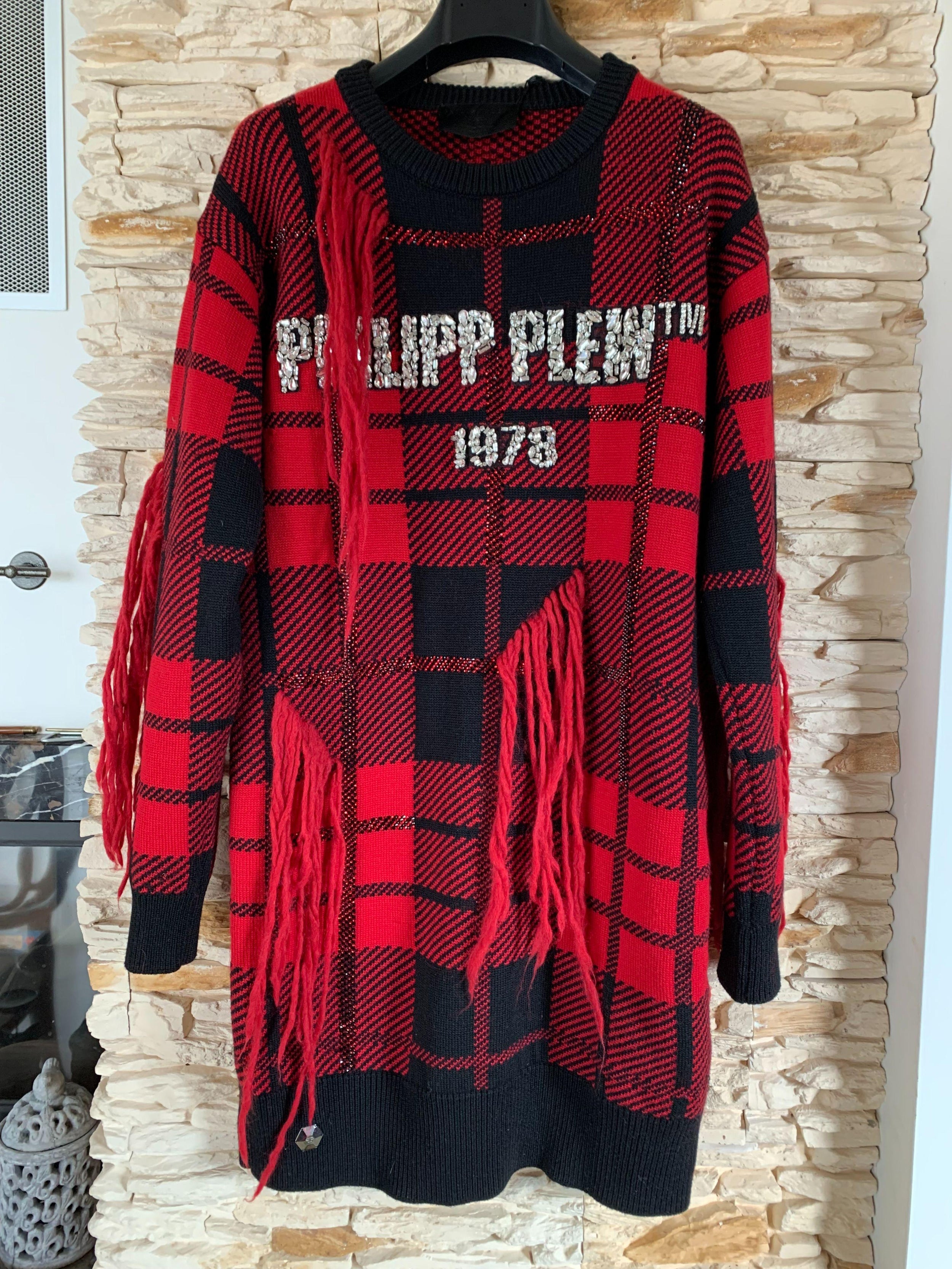 Red & Black Plaid Knit Crystal Embellished Sweater Dress