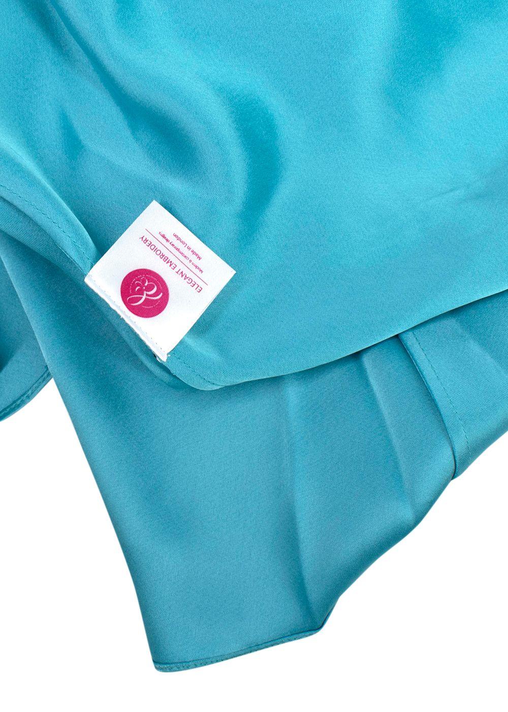 Elegant Embroidery Teal Satin Floral Applique Kaftan