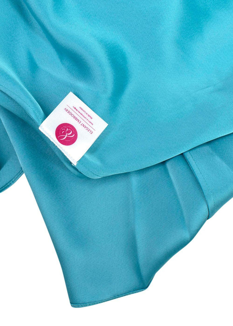 Elegant Embroidery Teal Satin Floral Applique Kaftan