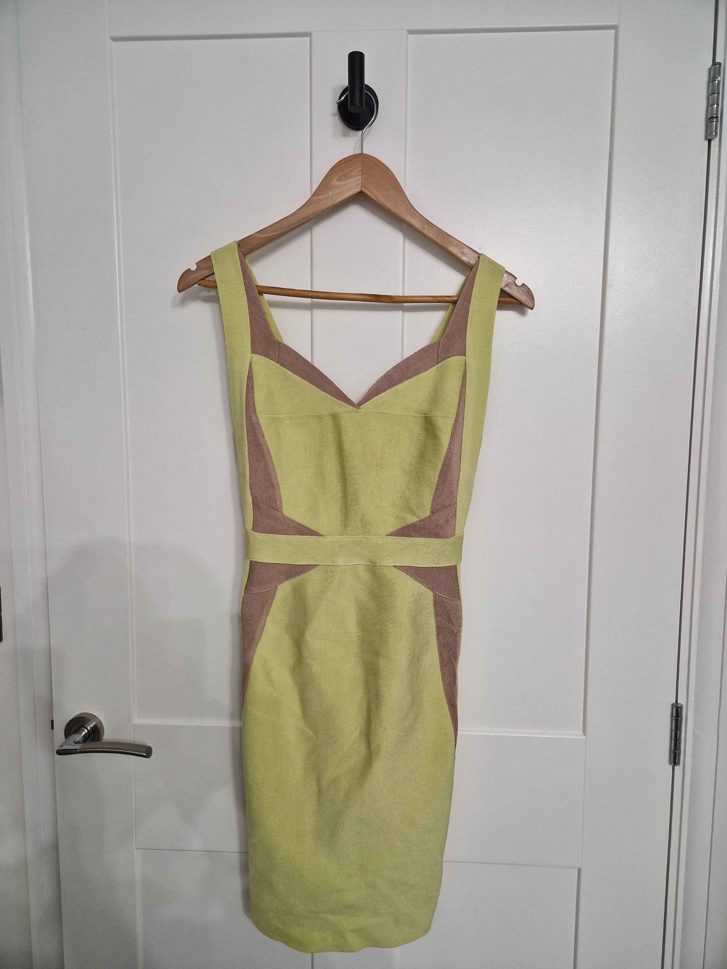 yellow & beige stretch-knit bandage dress