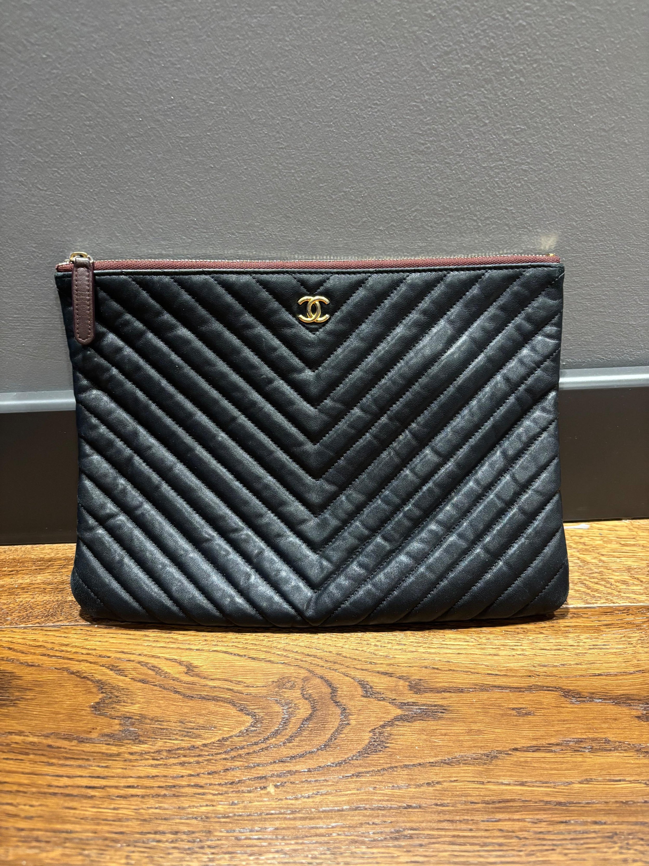 Chanel Black Leather Chevron Pouch