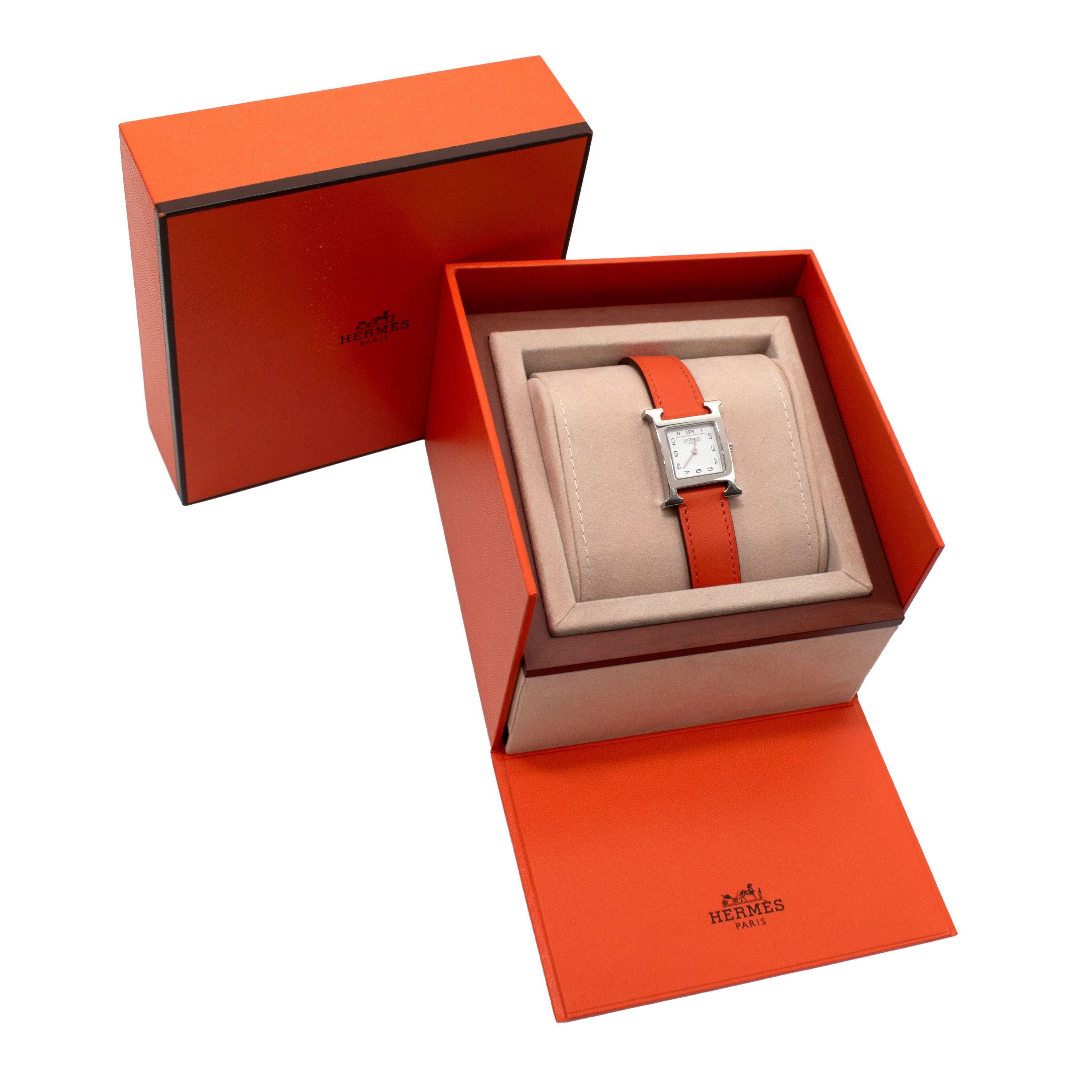 Hermes Small "Heure H" Watch With Orange Strap