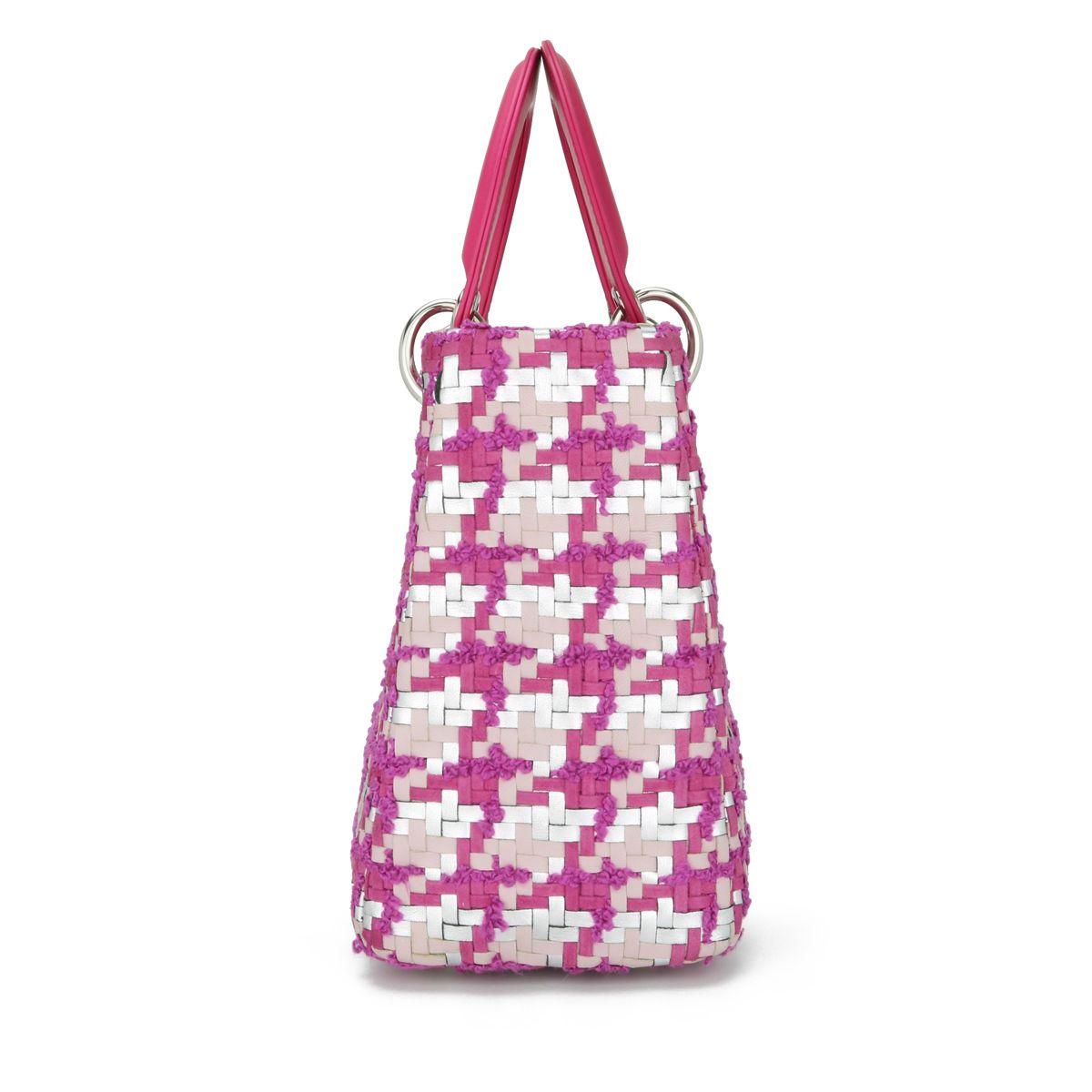 Dior Pink & Silver Woven Leather & Tweed Medium Lady Dior Bag