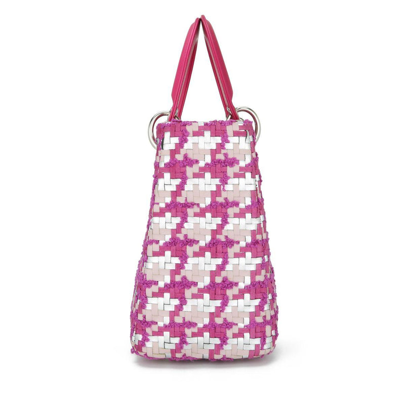 Dior Pink & Silver Woven Leather & Tweed Medium Lady Dior Bag