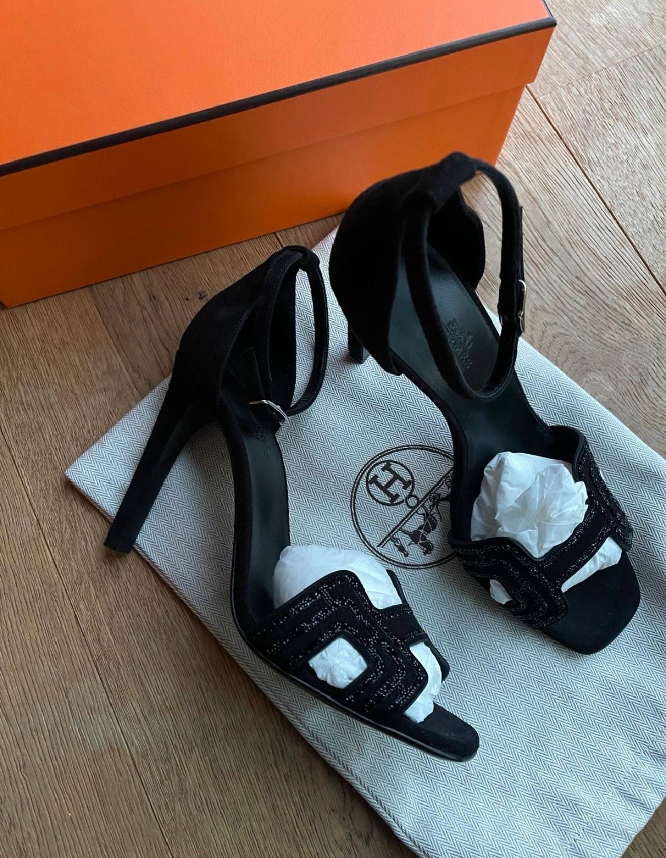 Hermes Black Suede Joy 105 Rhinestone Ankle Strap Pumps  37.5
