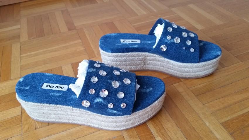 Miu Miu Crystal Embellished Distressed Denim Platform Mules