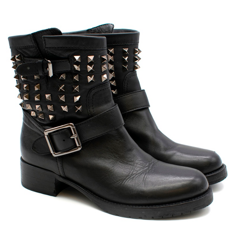 Valentino Black Leather Rockstud Biker Boot