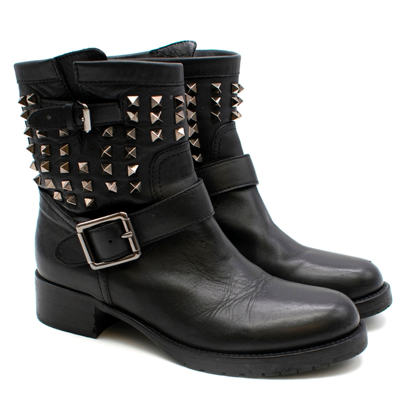 Valentino Black Leather Rockstud Biker Boot