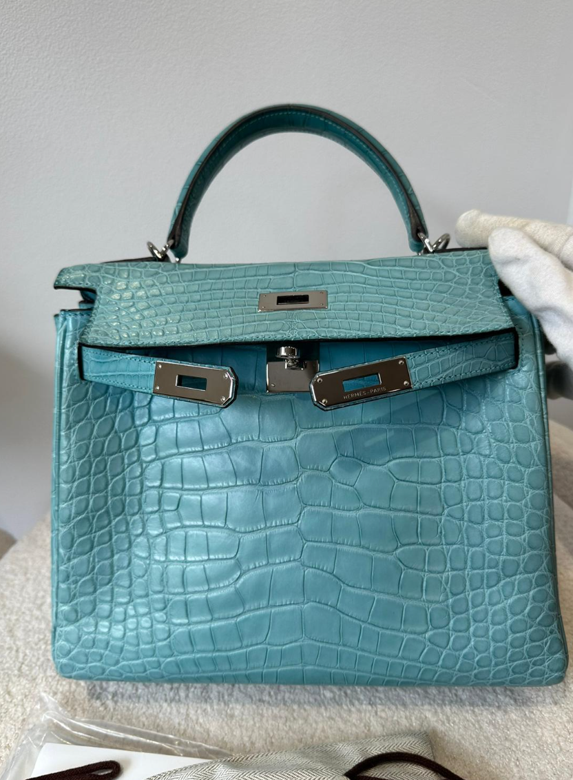 Hermes Bleu St Cyr Matte Croc Kelly 28