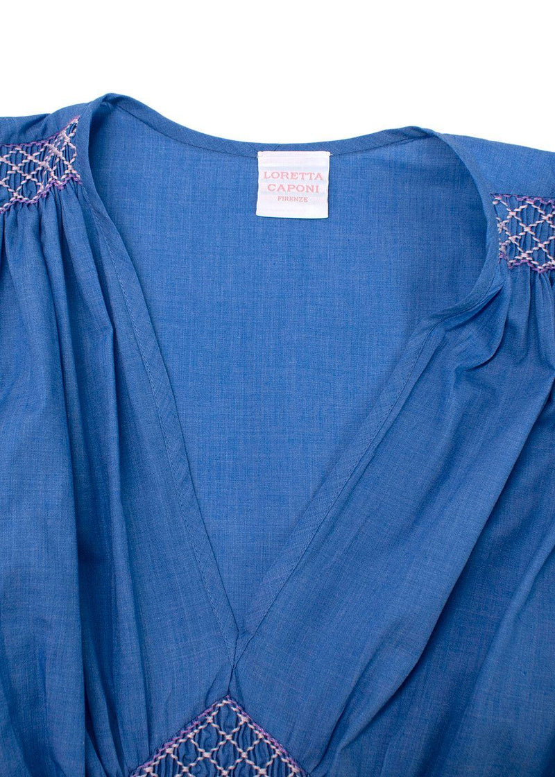 Loretta Caponi Blue Marina Smocked Voile Dress