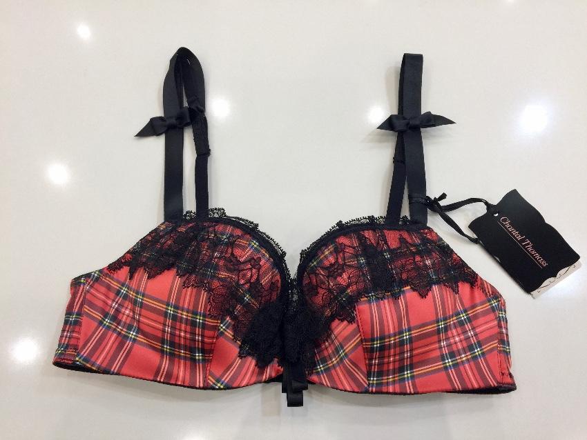 Chantal Thomass Tartan Satin & Leavers Lace Pad Bra & Brief Set