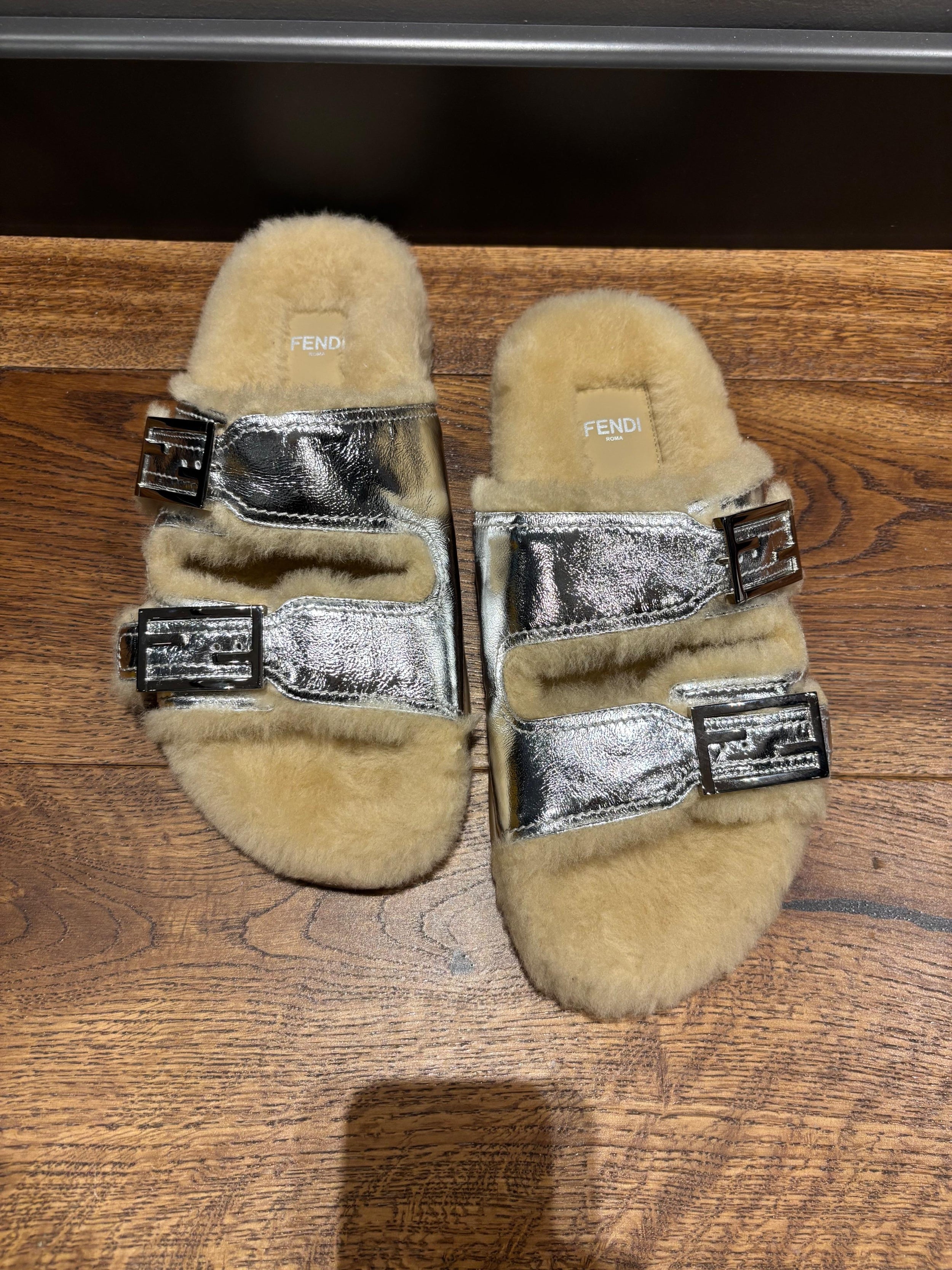 Fendi Shealing Lined Silver Slides