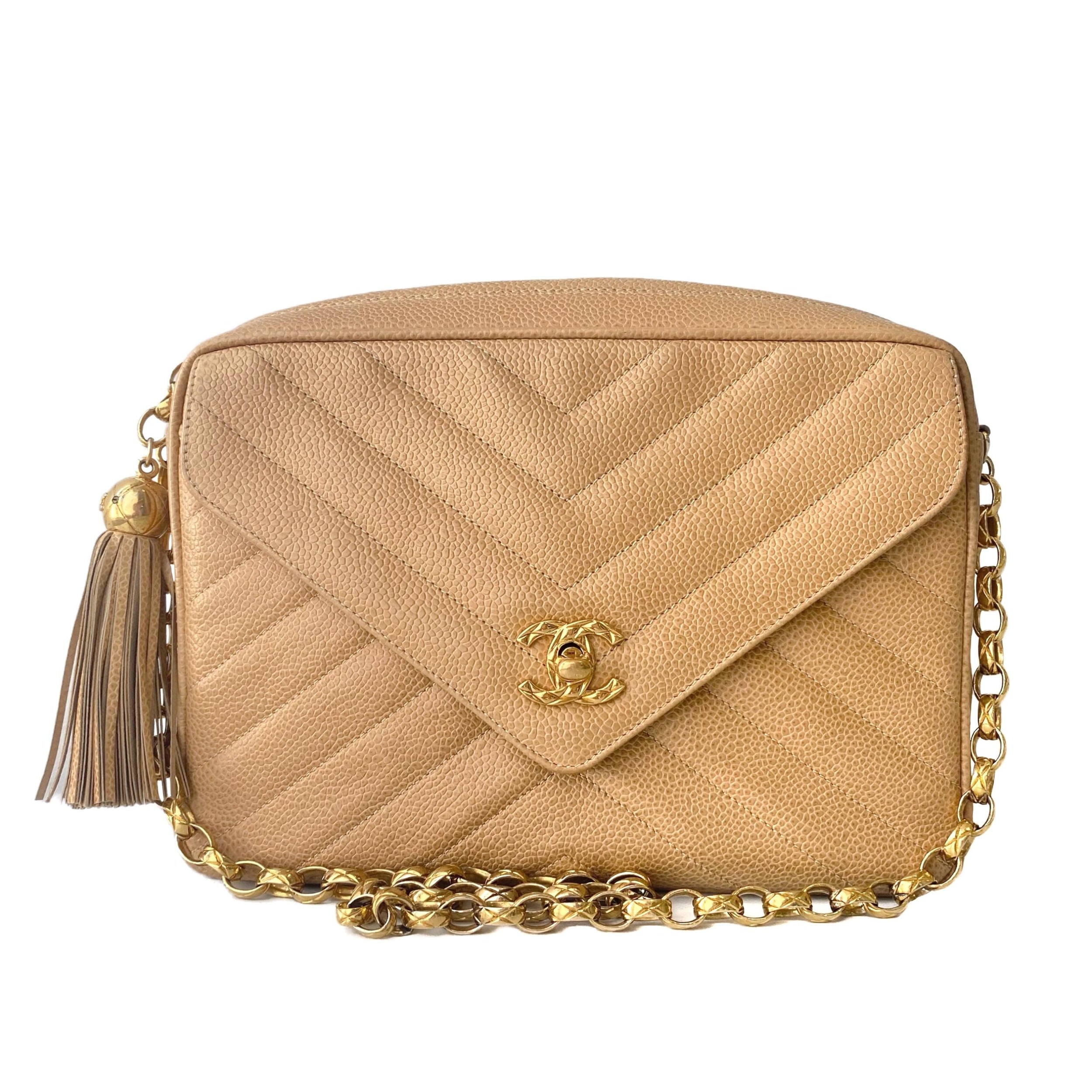 Beige Quilted Chevron Caviar Bijoux Camera Flap Bag