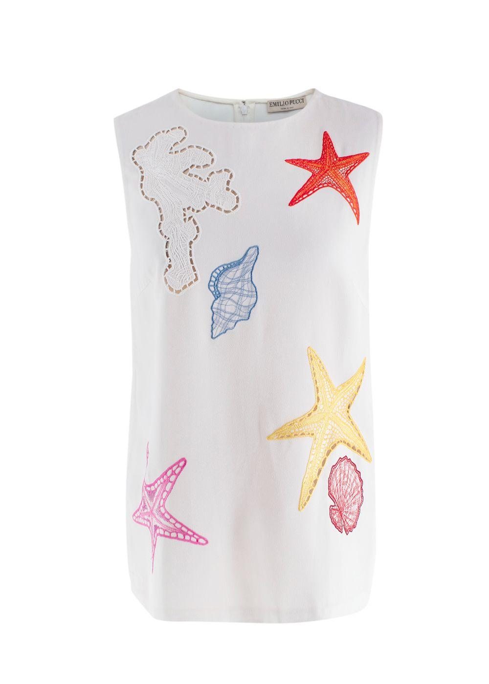 Emilio Pucci Embroidered White Crepe Sleeveless Blouse