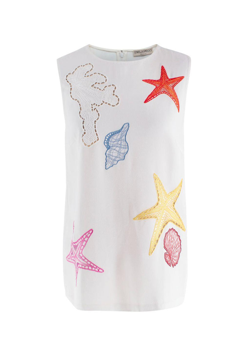 Emilio Pucci  Embroidered White Crepe Sleeveless Blouse