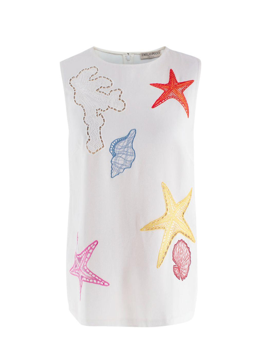 Emilio Pucci  Embroidered White Crepe Sleeveless Blouse
