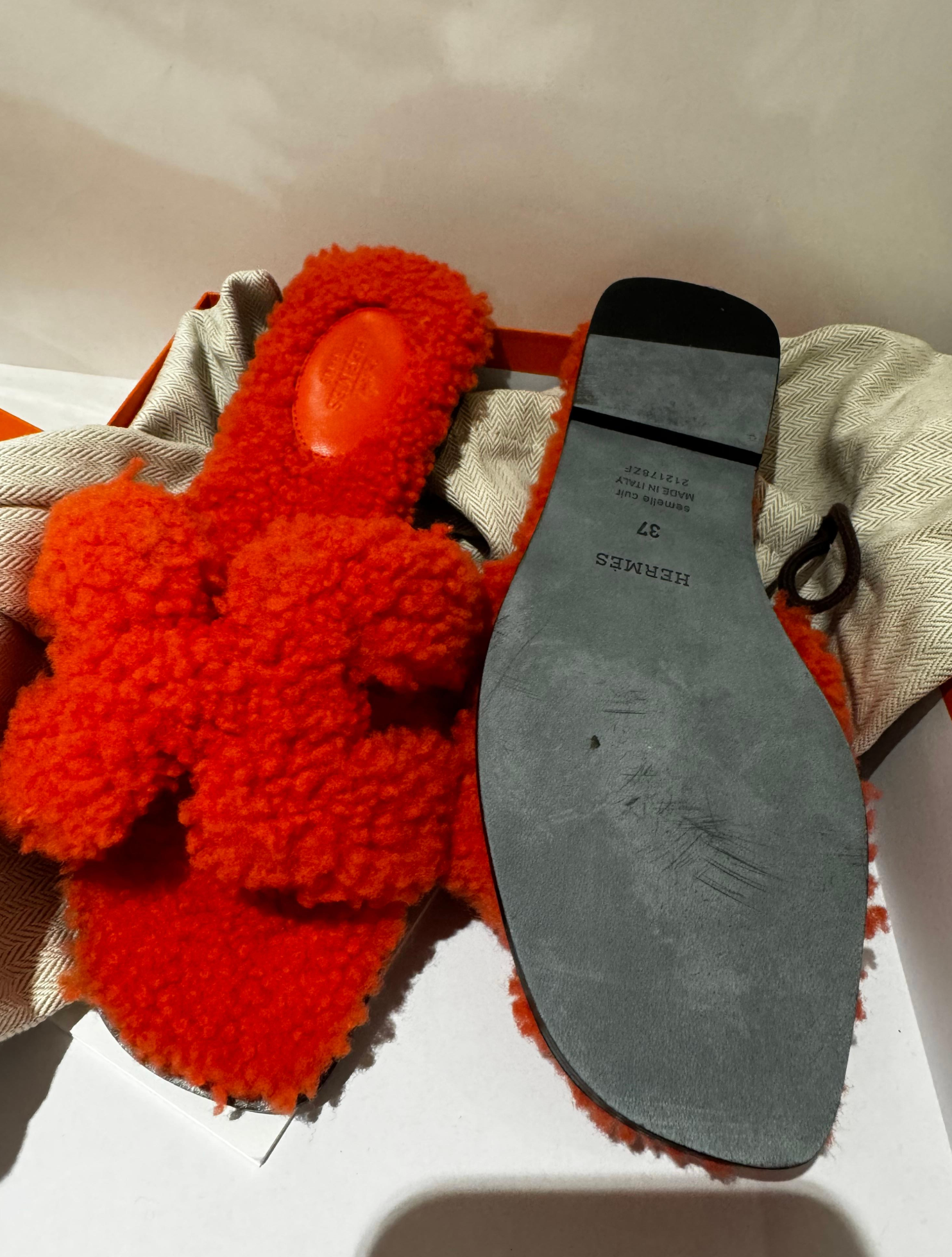 Hermes Orange Shearling Oran Sandals