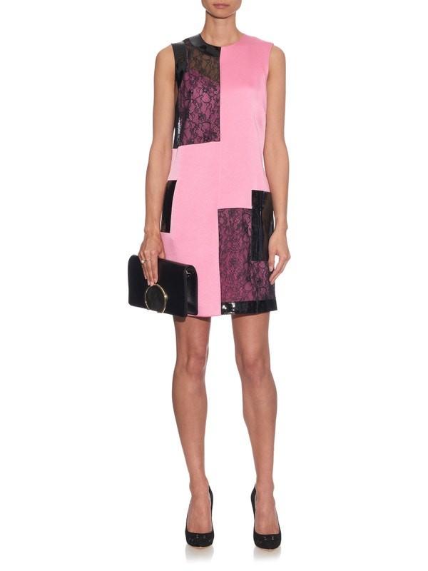 Christopher Kane Colour Block Lace & Leather Panelled Sleeveless Dress